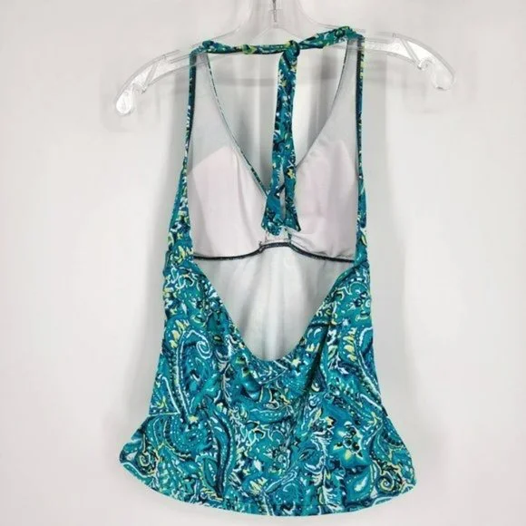 Chaps 12 Blue Green Yellow Abstract Paisley Neck Tie Padded Tankini Swimsuit Top - Picture 10 of 11